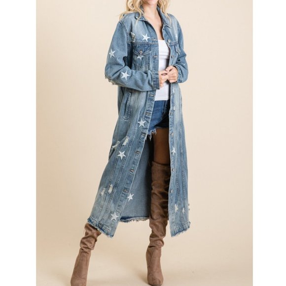 Star Distressed Long Maxi Denim Jean Jacket Coat - Picture 3 of 9